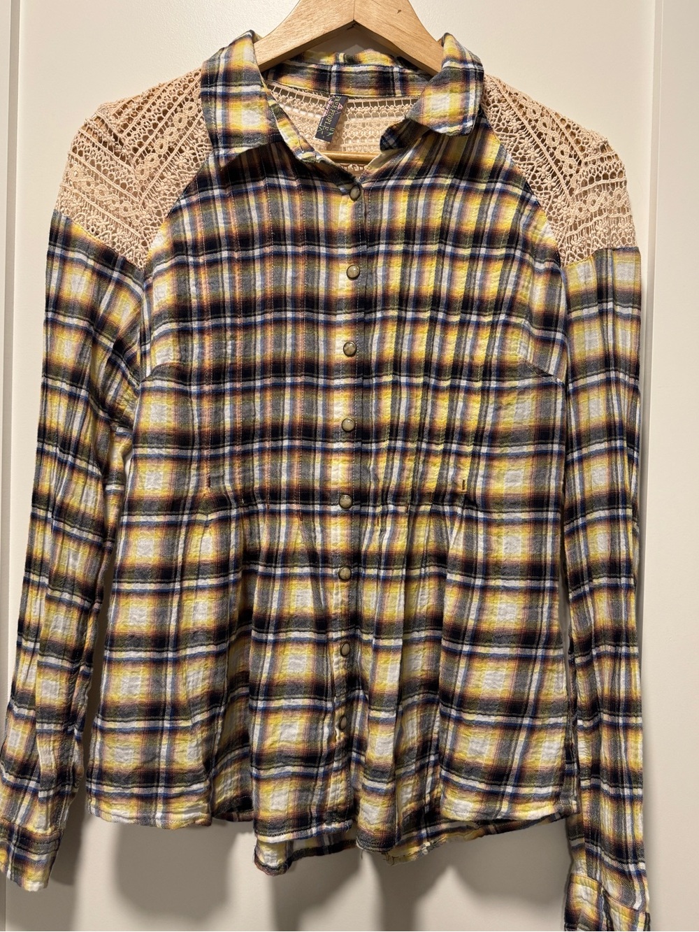 Free People Plaid Button-Up Top Crochet Detail Long Sleeve Shirt
